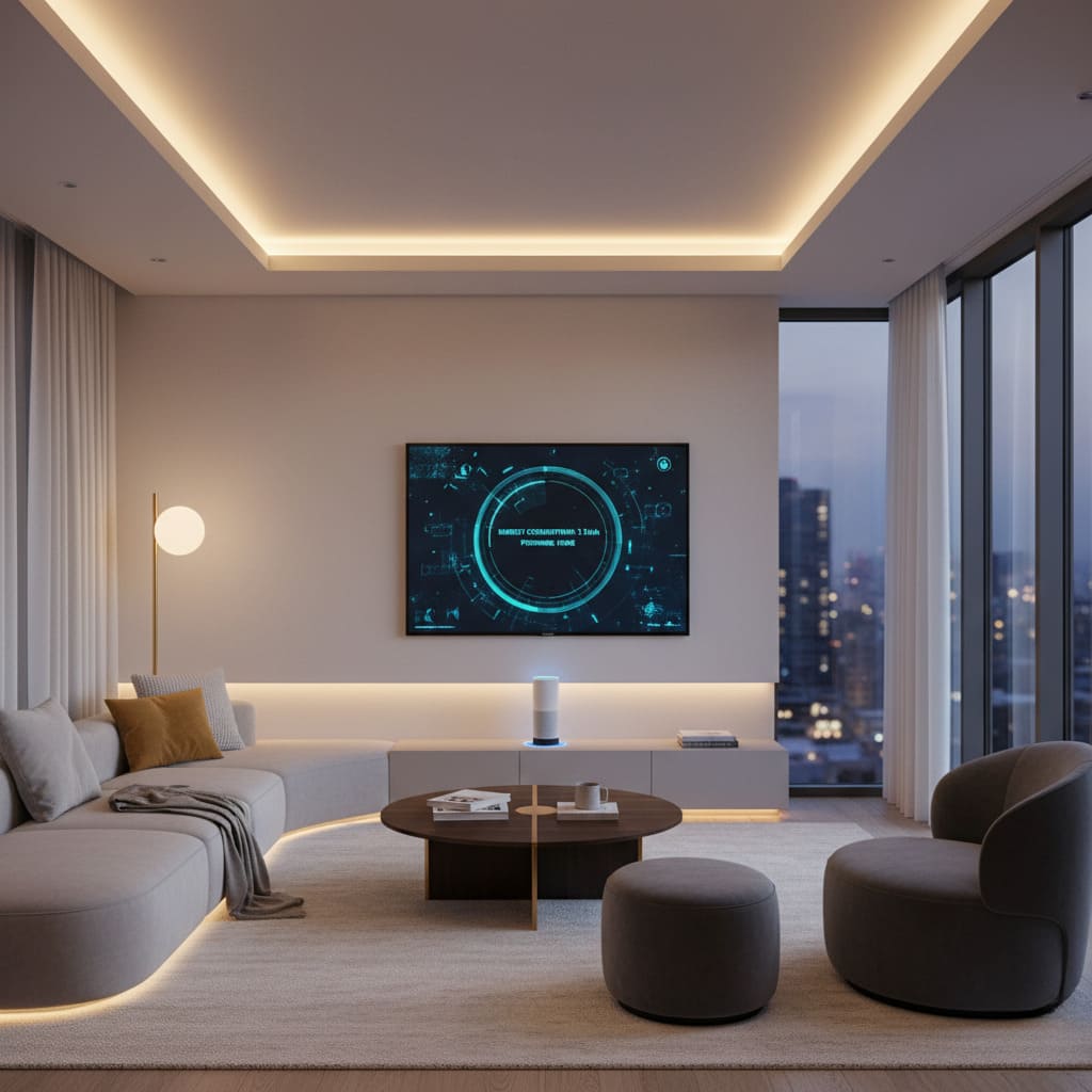 Imagen de un salón con luces LED y domótica