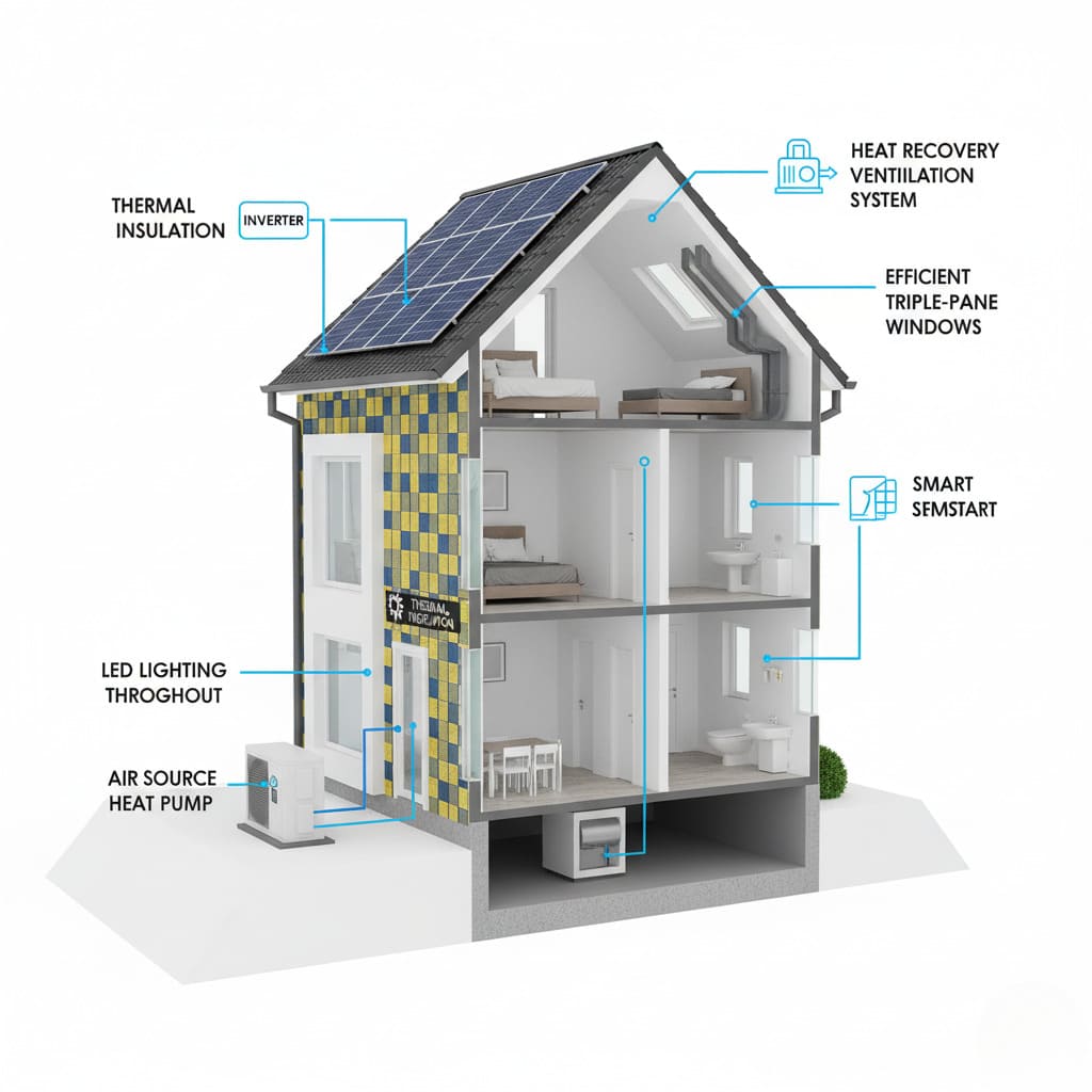 Infografía técnica de una vivienda energética