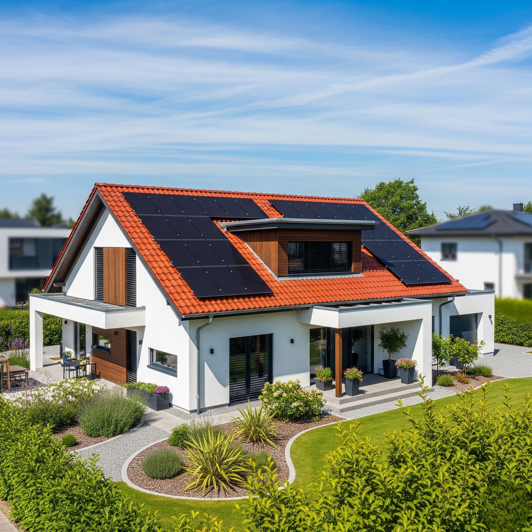 Imagen de una vivienda con paneles solares en el tejado