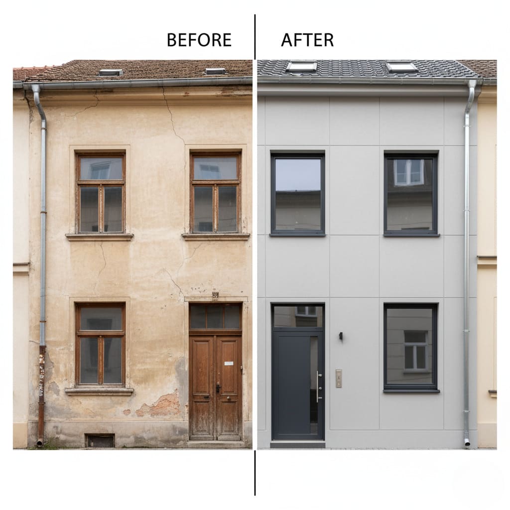 comparativa de antes y después de una rehabilitación energética de fachada