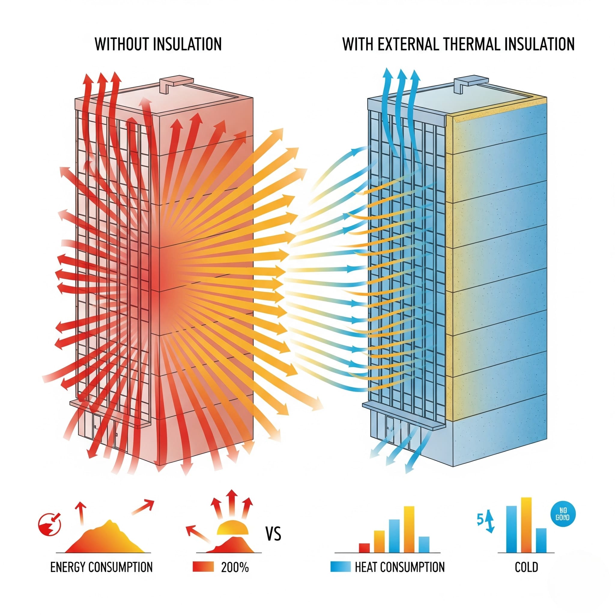 infografía comparativa de una fachada sin aislamiento vs. con aislamiento térmico exterior